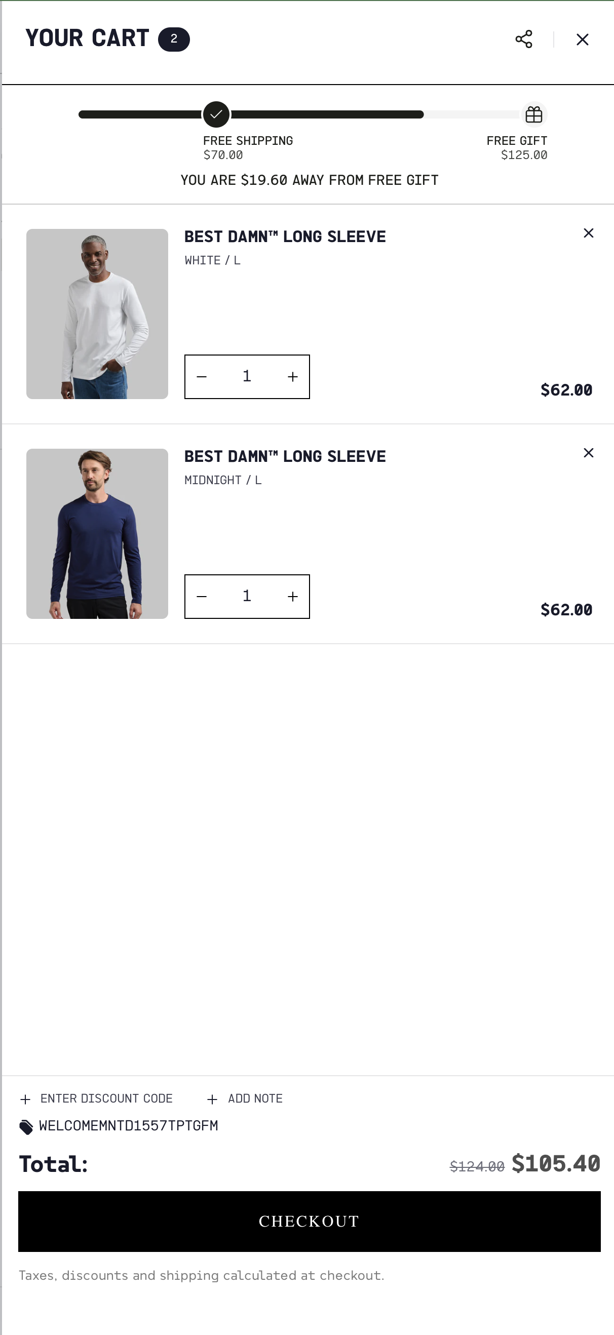 Step 1 · Cart with 2 Long Sleeves ($124) · WELCOMEMNTD1557TPTGFM applied · 15% off · total $105.40 · $19.60 away from free gift