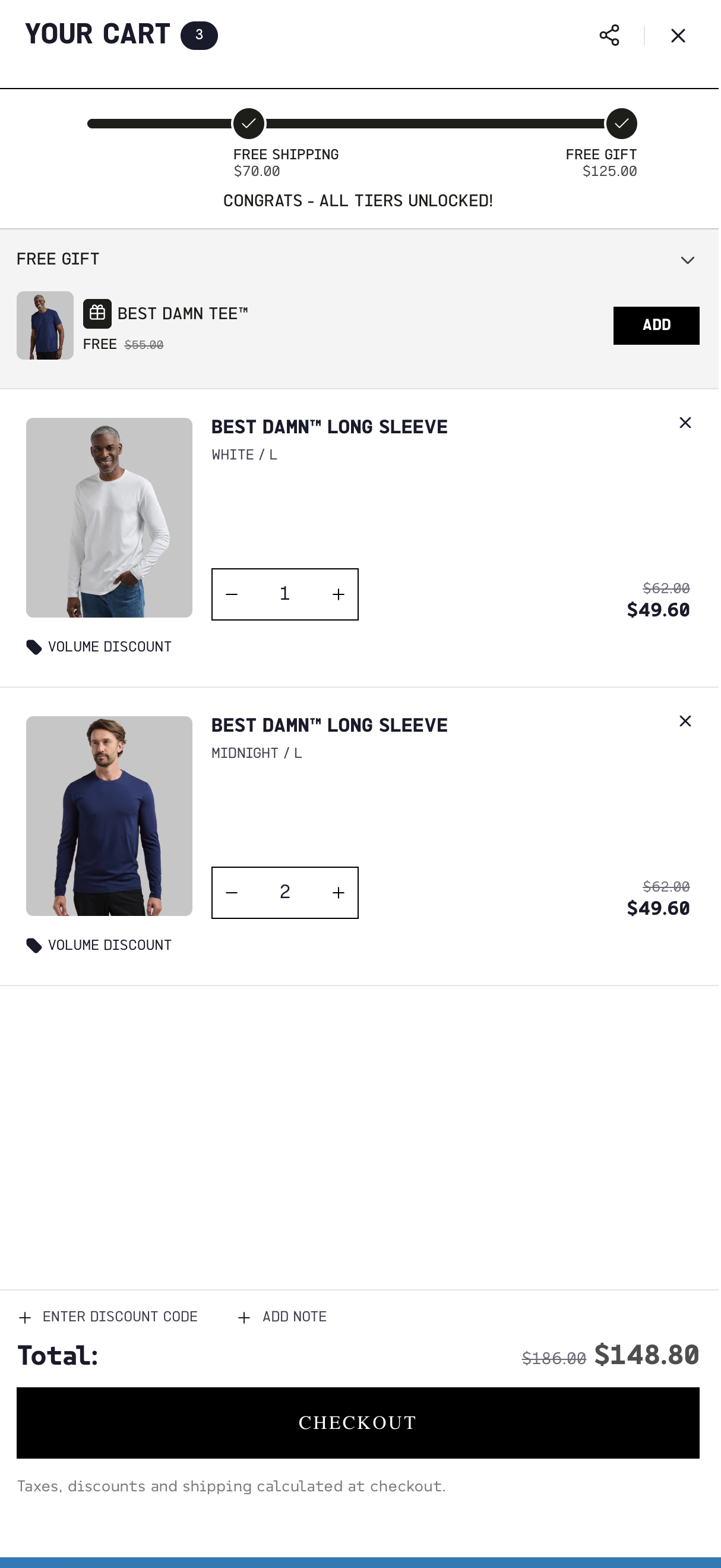 Step 2 · Added third Long Sleeve · Volume Discount kicks in on each item ($49.60 each) · Best Damn Tee GWP unlocked at $55 → FREE · subtotal $186 → $148.80