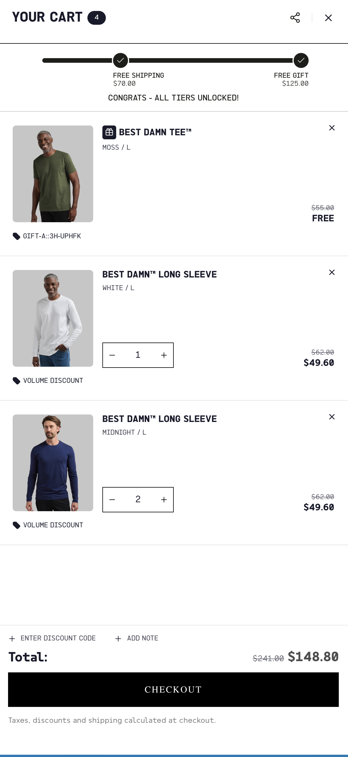 Step 3 · Moss Tee added FREE via GIFT-A · 4 items now in cart · original value $241 · discounted to $148.80 · savings compound