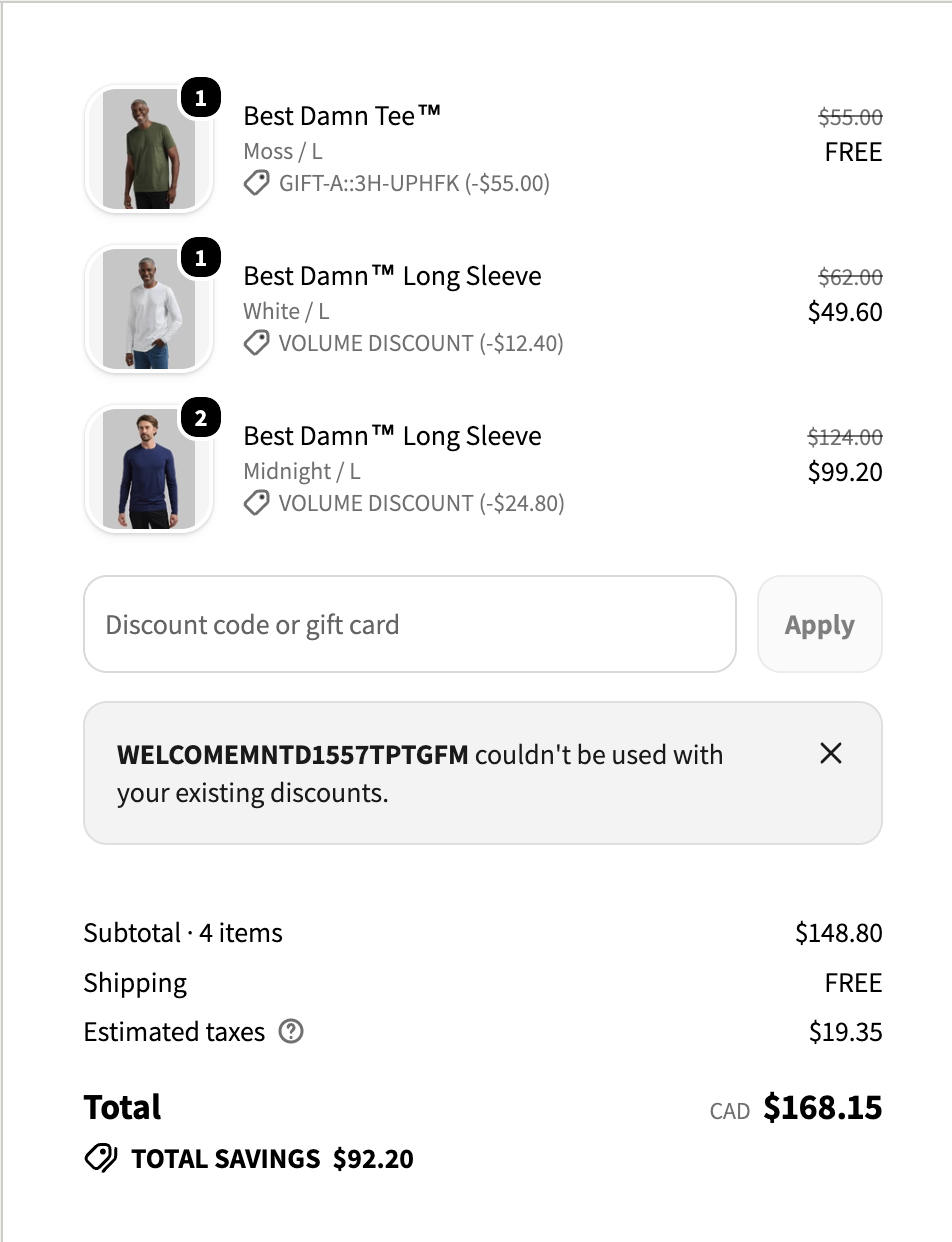 Step 4 · Shop Pay checkout · WELCOMEMNTD1557TPTGFM couldn't be used with your existing discounts · Volume + GIFT-A already applied · CAD $168.15 total · savings $92.20