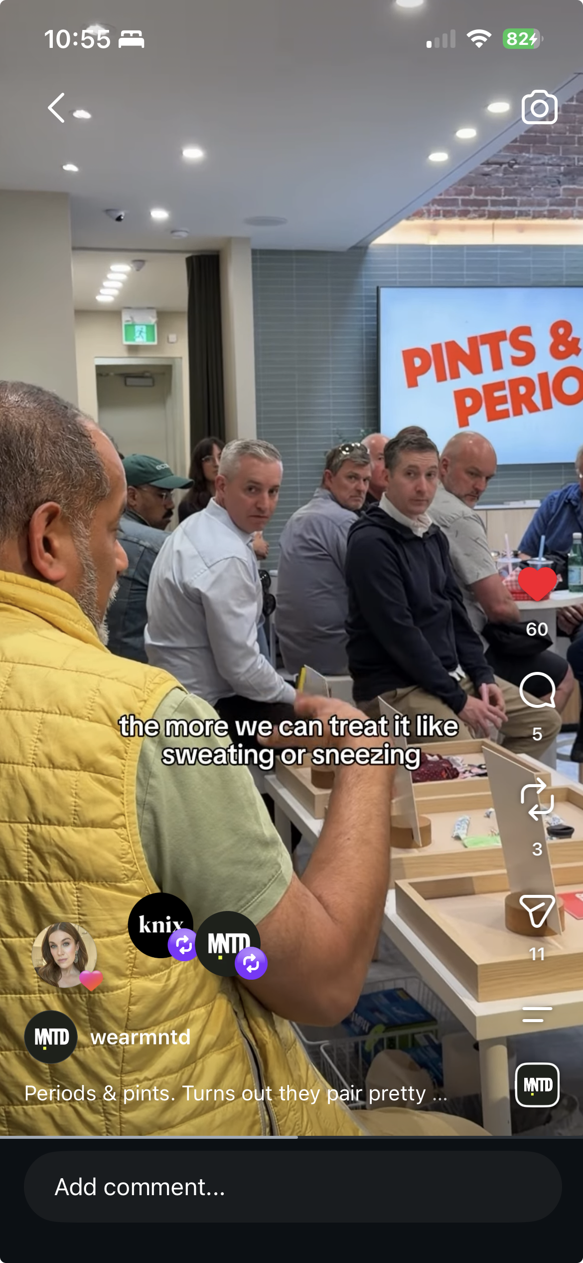 MNTD Instagram · Pints & Periods event · founder speaking with men in attendance