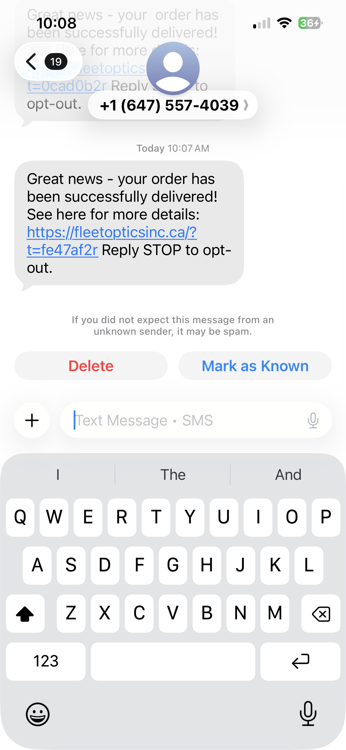 iMessage from unrecognised number +1 (647) 557-4039 flagged as unknown sender: Great news — your order has been successfully delivered! with fleetopticsinc.ca link and Delete / Mark as Known prompt