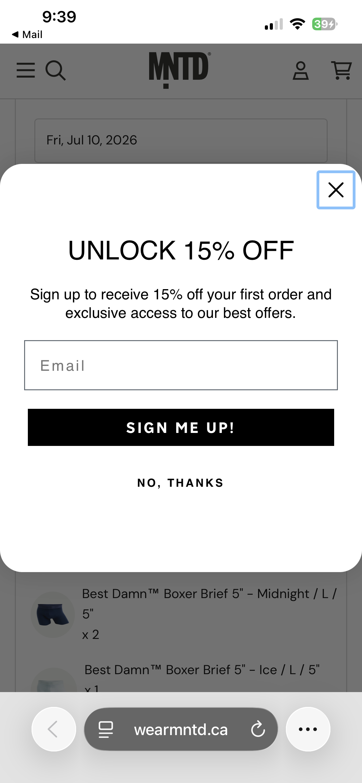 UNLOCK 15% OFF popup overlay on wearmntd.ca while checking order status on mobile — customer already has an active order but the entry-point popup still fires