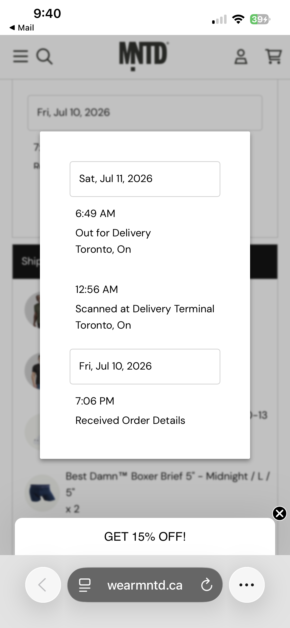 Shipment journey modal on wearmntd.ca showing Sat Jul 11 6:49 AM Out for Delivery Toronto ON, 12:56 AM Scanned at Delivery Terminal, Fri Jul 10 7:06 PM Received Order Details