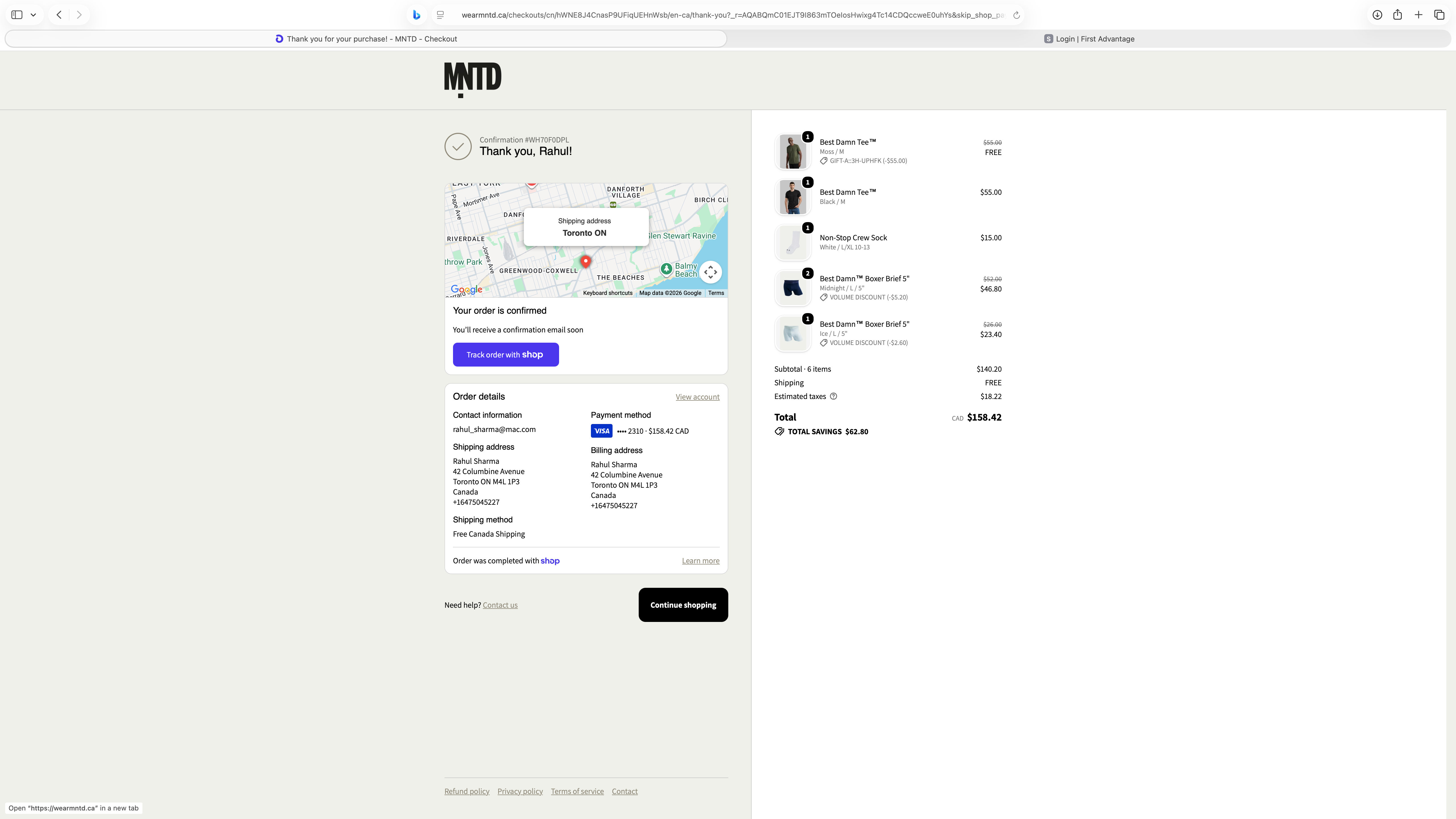 MNTD order confirmation page · Confirmation #WH70F0DPL · 6-item basket · Best Damn Tee (Moss/M) FREE via GIFT-A · total CAD $158.42 · savings $62.80